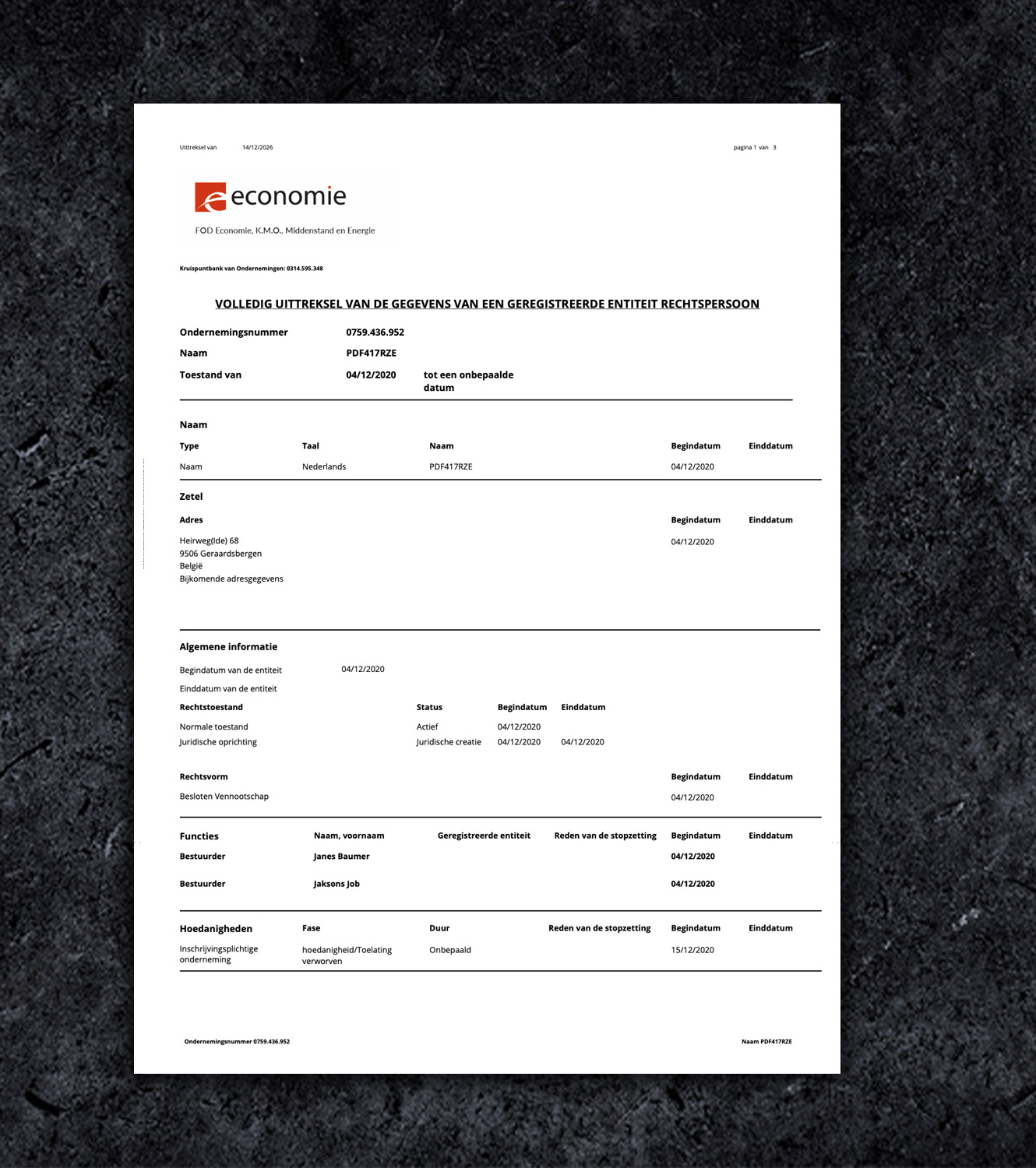 Belgium Business Registry Extraction PDF Template - 2026