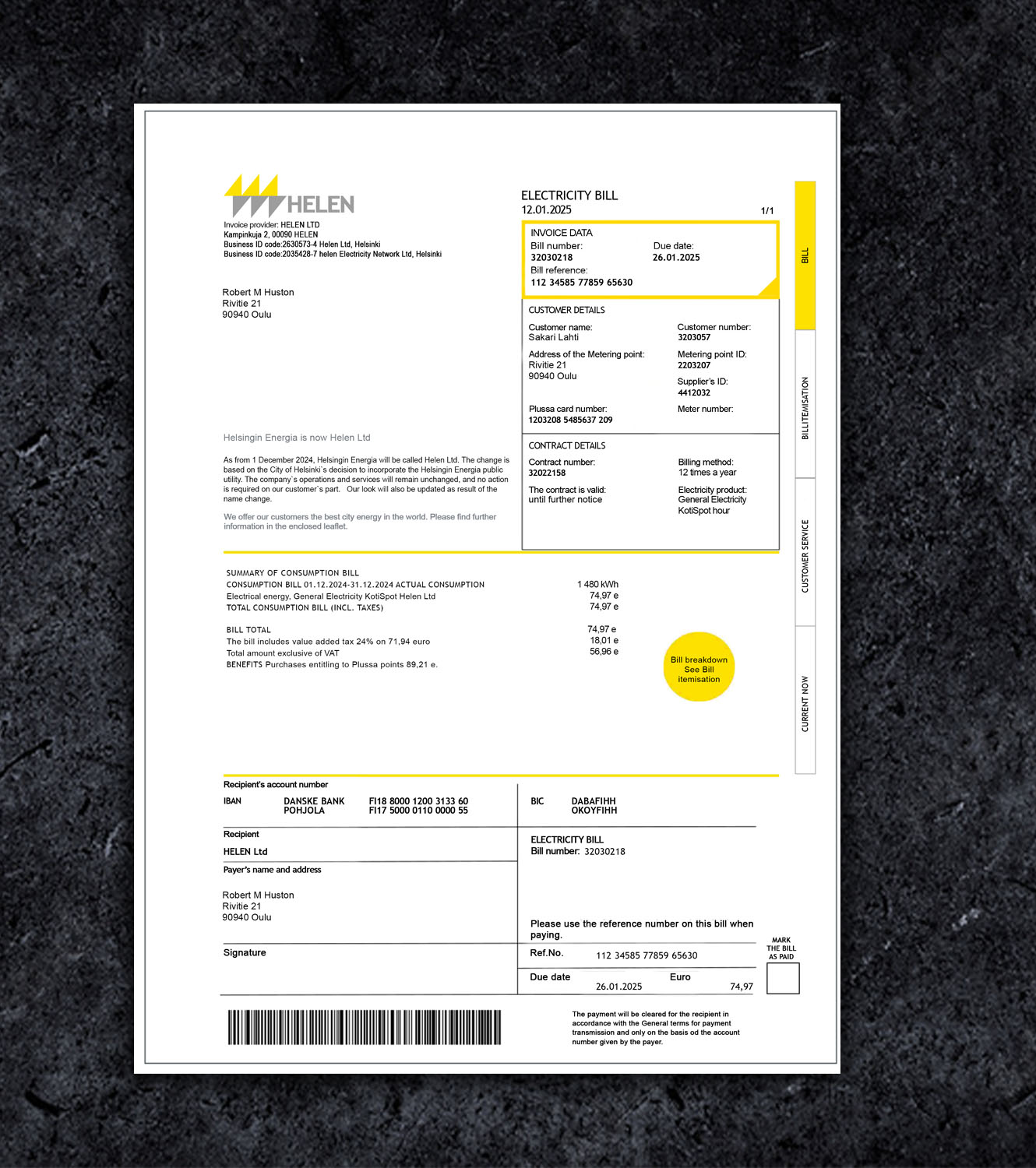 Helen Energy Finland Bill PDF Template - 2024